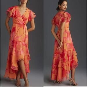 Hutch Whitlee Floral Ruffle Short Sleeve Wrap Dress Coral Women's Size Medium